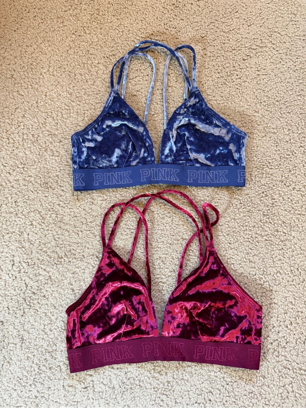 PINK Victoria's Secret Velvet Double-Strap Bralettes — Blue and Burgundy